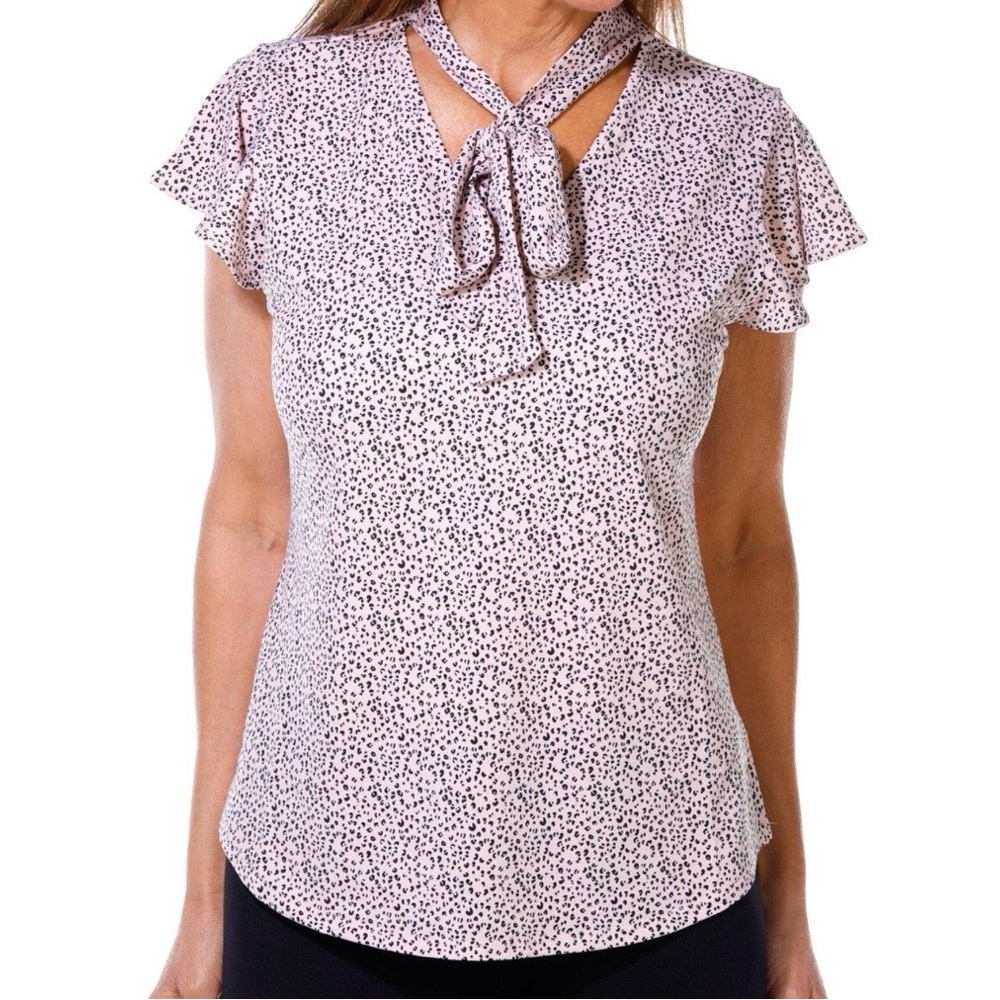 Adrianna Papell women's leopard blouse featuring short flutter sleeves tie-neck
